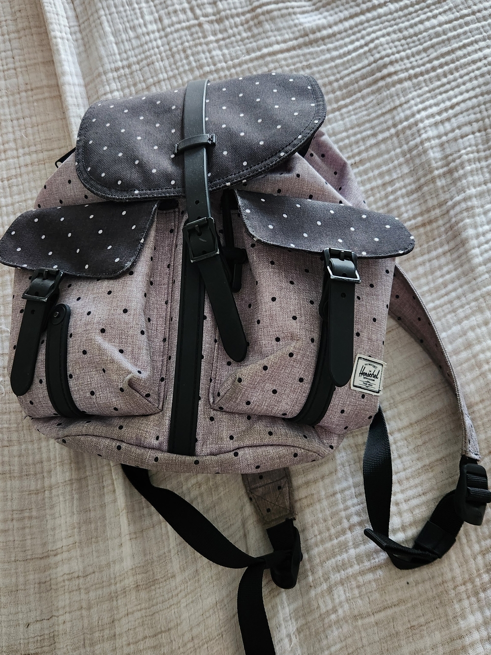 Herschel Polka Dot Gray Canvas Backpack with Black Trim